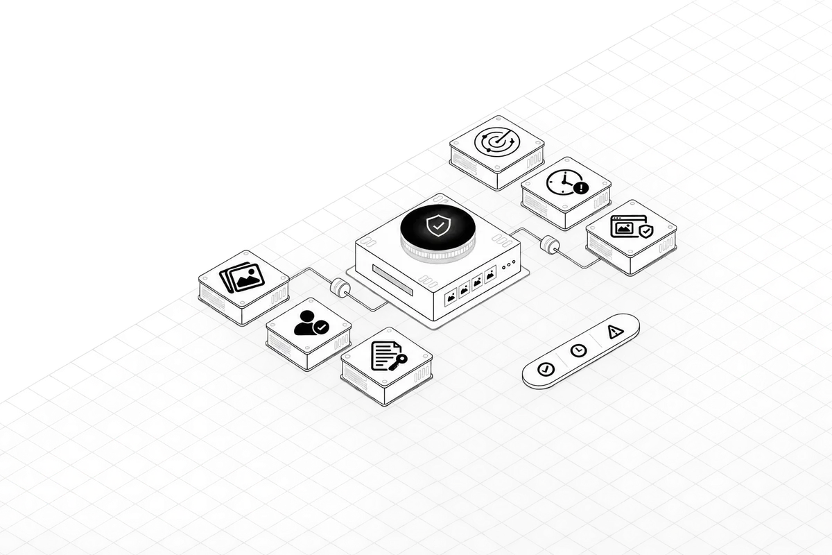 Illustration: a central consent hub connected to the image library, the people in the images, consent documents, monitoring, expiry alerts and checks on published use